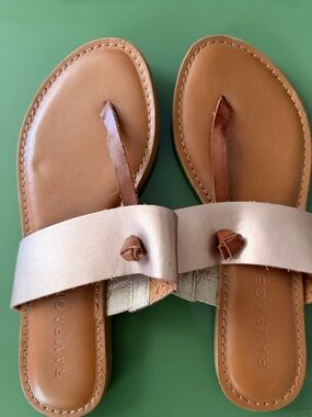Rampage Brown Leather Slide Sandals with Metallic Champagne Strap
